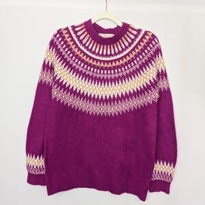 LOFT Magenta and Cream Fair Isle Patterned Crewneck Sweater XL